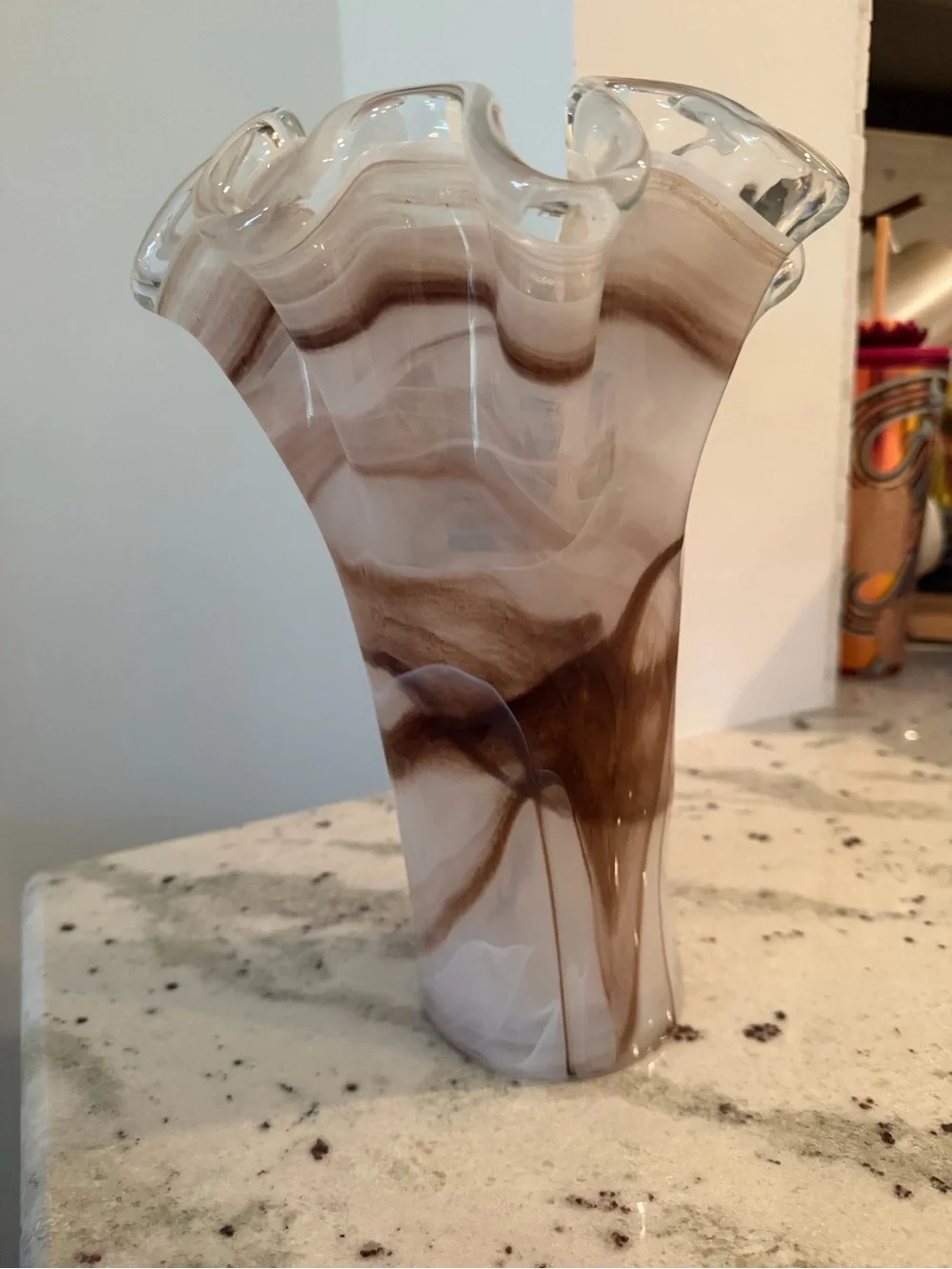 Murano Brown and White Swirl Ruffled Glass Vase